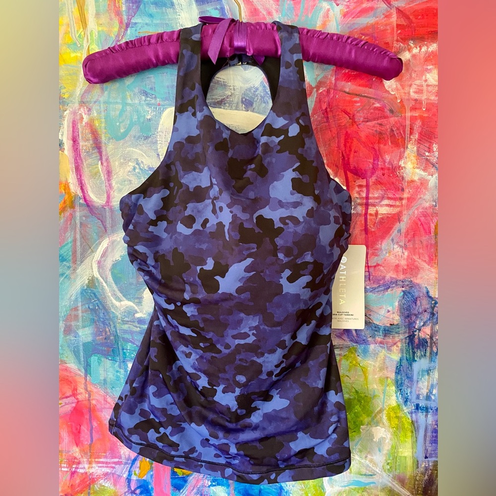 NWT ATHLETA Maldives Sports Bra Swim Swimsuit Tankini Top Camo Blue 32 D / DD